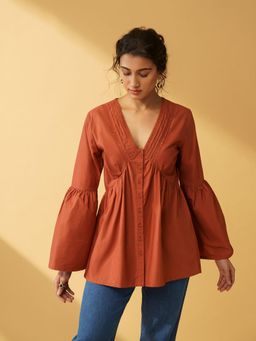 B77 - Women Organic Cotton Rust Plain V-Neck Casual Shirts