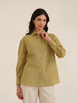 B77 - Women Linen Green Plain Collar Neck Casual Shirts