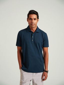 B77 - Men's Blue Organic Cotton Collar Neck Polo T-Shirt