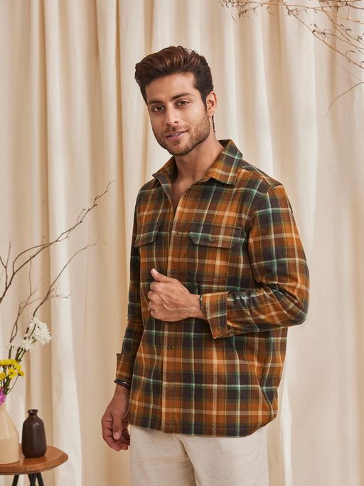 B77 Men Organic Cotton Brown Checks Collar Neck Casual Shirts