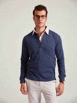 B77 - Men Navy Blue Organic Cotton Henley Neck T-Shirt