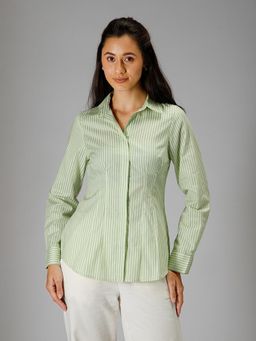 B77 - Women's Pure Cotton Green Stripes Collar Neck Casual Shirts