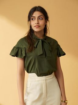 B77 - Cecelia Organic Cotton Top With Sleeve Details And Neck Tie