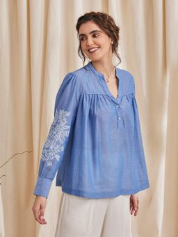 B77 - Celine Blue Embroidered Organic Cotton Top