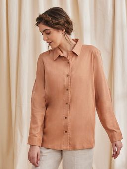 B77 - Women Viscose Brown Plain Collar Neck Casual Shirts
