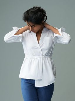 B77 - Women's Cotton Linen White Plain Collar Neck Casual Shirts