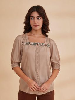 B77 - Daryah Beige Organic Bamboo Embroidered Top