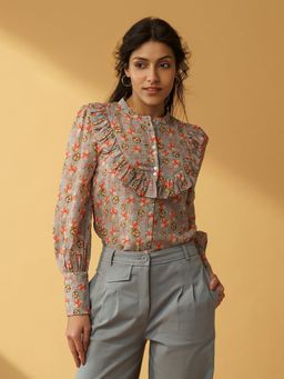 B77 - Women Organic Cotton Beige Floral Mandarin Neck Casual Shirts