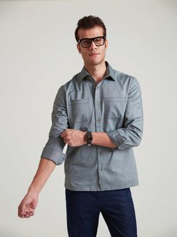 B77 - Men Organic Cotton Grey Plain Collar Neck Casual Shirts