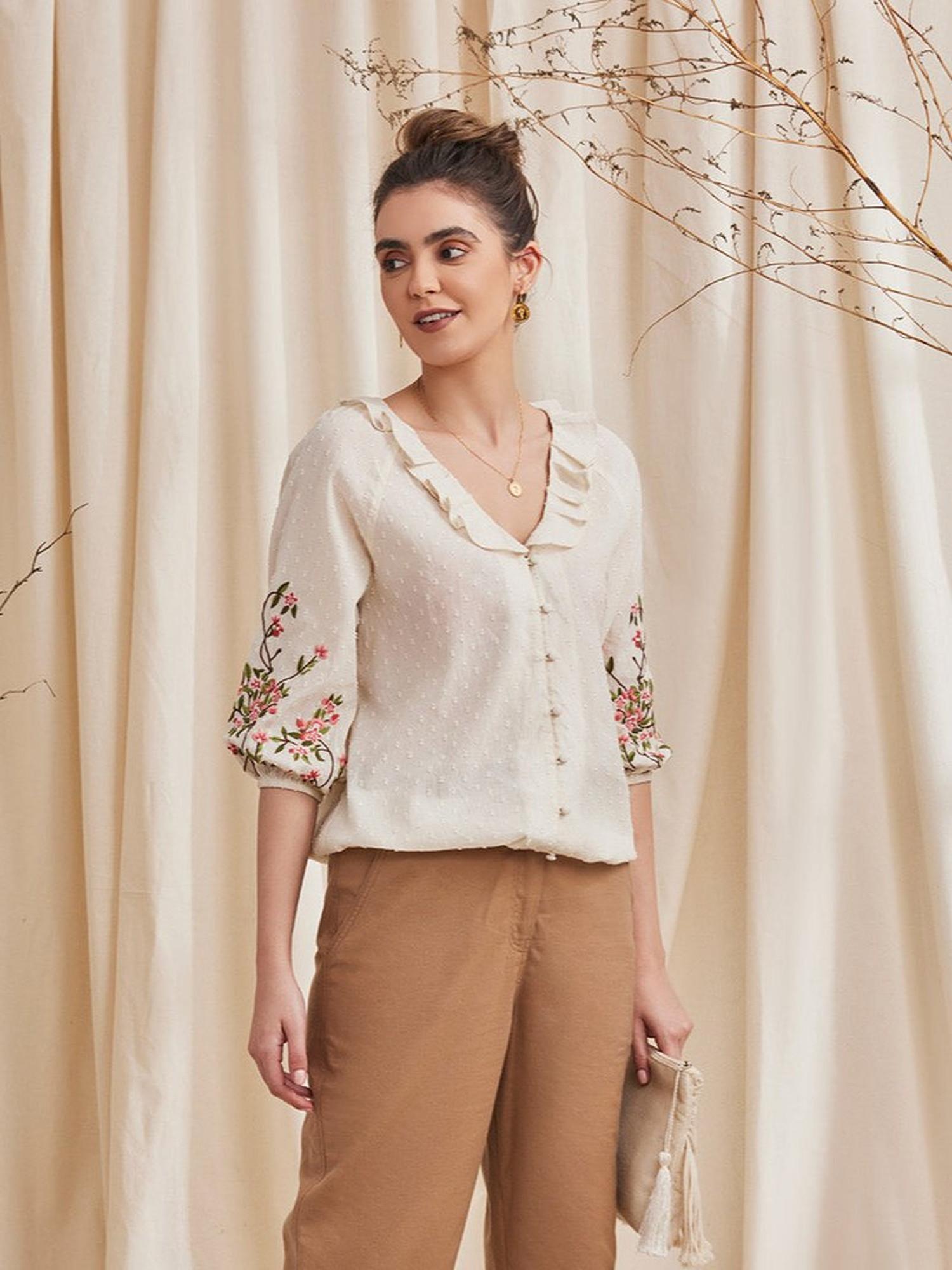 b77 Fiona Organic Cotton Embroidered Top, Off White-picture-15