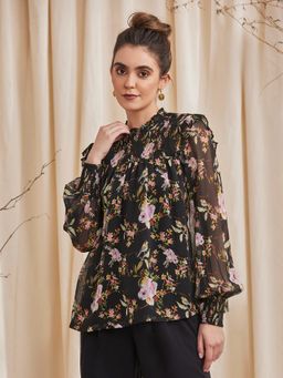 B77 - Gardenia Viscose Black Georgette Printed Top With Smocking