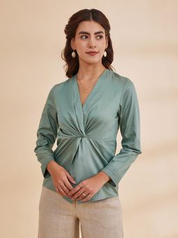 B77 - Brianna Green Wrap Style Cotton Satin Top