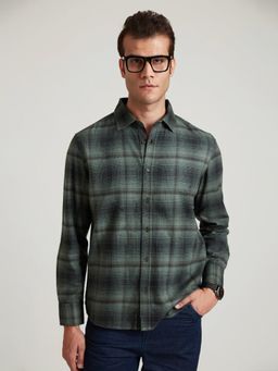 B77 - Men Organic Cotton Green Checks Collar Neck Casual Shirts