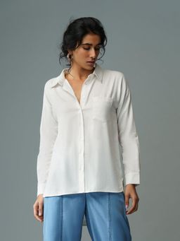 B77 - Women Organic Cotton White Plain Collar Neck Casual Shirts