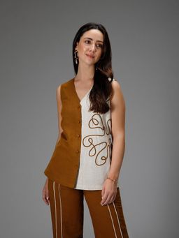 B77 - Hazelnut Waistcoat Top With Cord Embroidery