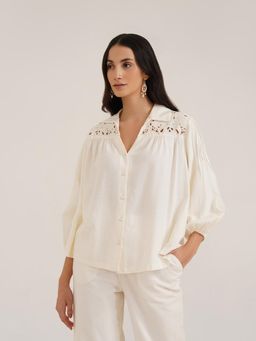 B77 - Women Linen White Embroidered Collar Neck Casual Shirts