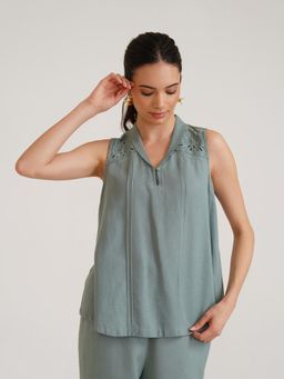 B77 - Hera Embroidered Linen Top, Grey