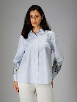 B77 - Women Pure Cotton Blue Embroidered Collar Neck Casual Shirts