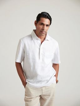 B77 - Men Linen White Plain Collar Neck Casual Shirts