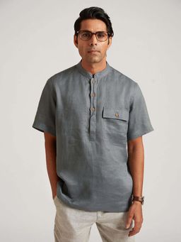 B77 - Men Organic Cotton Grey Plain Mandarin Neck Casual Shirts