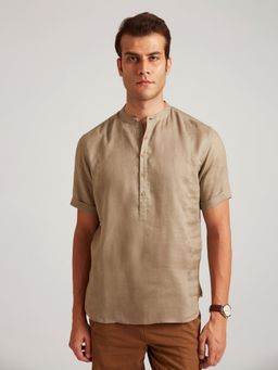 B77 - Men Organic Cotton Khaki Plain Mandarin Neck Casual Shirts