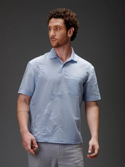 B77 - Men Organic Cotton Blue Embroidered Collar Neck Casual Shirts