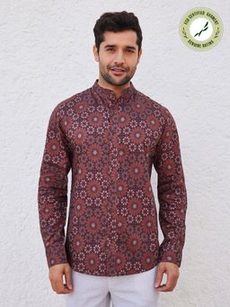B77 - Men Organic Cotton Maroon Floral Mandarin Neck Casual Shirts