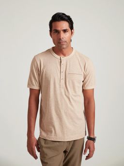 B77 - Men Beige Organic Cotton Round Neck T-Shirt