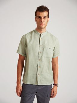 B77 - Men Linen Green Plain Mandarin Neck Casual Shirts