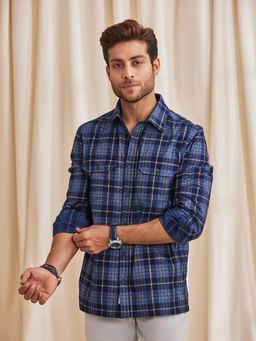 B77 - Men Organic Cotton Blue Checks Collar Neck Casual Shirts