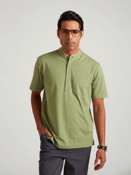 B77 - Men Green Organic Cotton Mandarin Neck T-Shirt