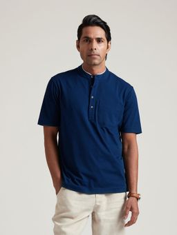 B77 - Men Navy Blue Organic Cotton Mandarin Neck T-Shirt