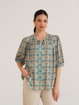 B77 - Poppy Blue Organic Bamboo Printed Top