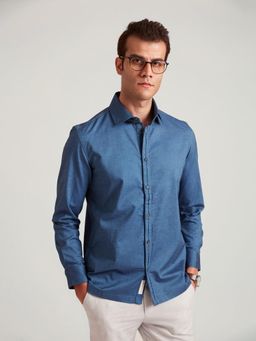 B77 - Men Organic Cotton Blue Plain Collar Neck Formal Shirts