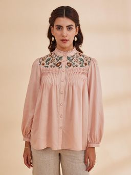B77 - Women Bamboo Pink Embroidered Mandarin Neck Casual Shirts