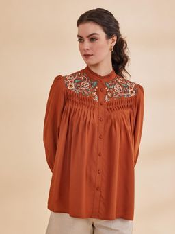 B77 - Women Bamboo Fibre Rust Embroidered Mandarin Neck Casual Shirts