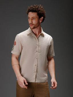 B77 - Men Organic Cotton Beige Floral Collar Neck Casual Shirts