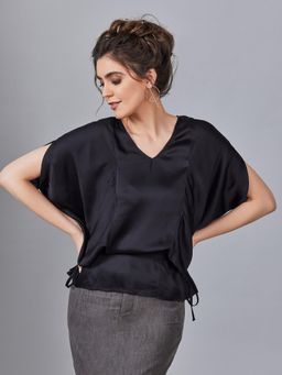 B77 - Rosetta Black Adjustable Viscose Modal Satin Kaftan Top With Cowl Side Drape