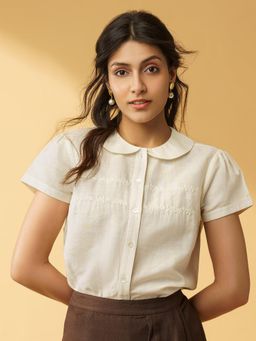 B77 - Women Cotton Linen Cream Plain Round Neck Formal Shirts
