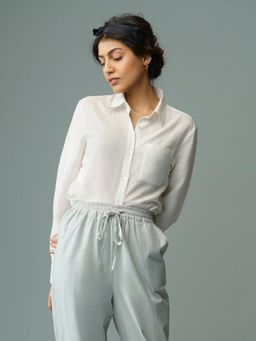 B77 - Women Cotton Linen White Plain Collar Neck Casual Shirts