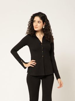 B77 - Women Cotton Lycra Black Plain Collar Neck Casual Shirts