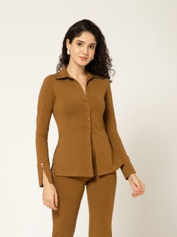 B77 - Women Cotton Lycra Brown Plain Collar Neck Casual Shirts
