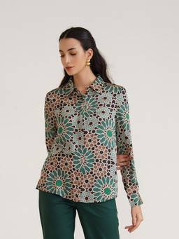 B77 - Women Organic Cotton Multi-Colour Printed Collar Neck Casual Shirts