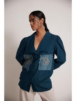 Western Era - Teal Cotton Shirt With Pleated Cuff And Zari Embroidered Patch On Front And Back