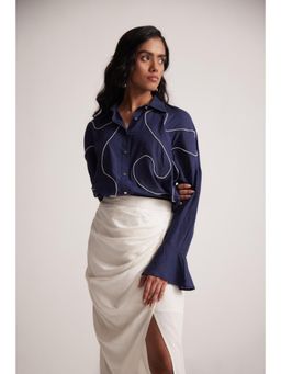 Western Era - Navy Blue Oversized Cotton Shirt With Front Dori Embroidery