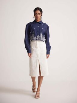 Western Era - Navy Blue Collar Top With Zari Embroidered Skyline On Front