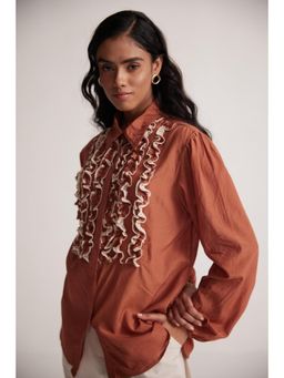 Western Era - Rust Cotton Full Sleeve Shirt With Front Ruffles