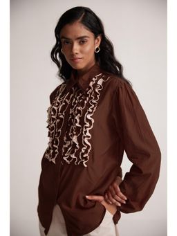 Western Era - Coco Brown Cotton Full Sleeve Shirt With Front Ruffles