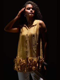 Western Era - Sleeveless Organza Top With Floral Appliques And Spaghetti