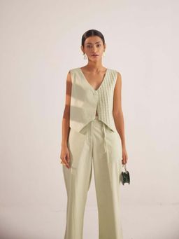 Western Era - Green V Neck With One Side Cross Pin Tuck Cotton Vest Top